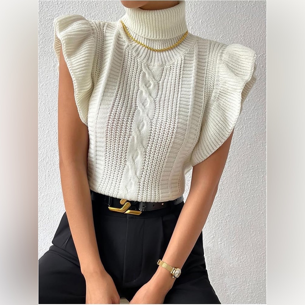 Elegant Off-White/Ivory Cable Knit Ruffle Sleeve Turtleneck Sweater